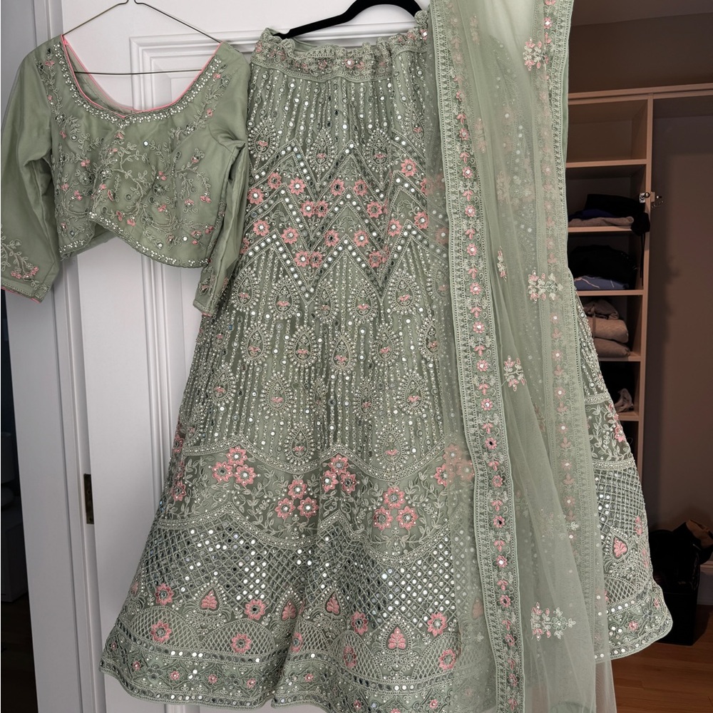 NWOT Embroidered Green and Pink Lehenga Set